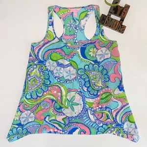 🌴LILLY PULITZER Racerback/Handkerchief Hem Floral/Seashell Silk Tank Top